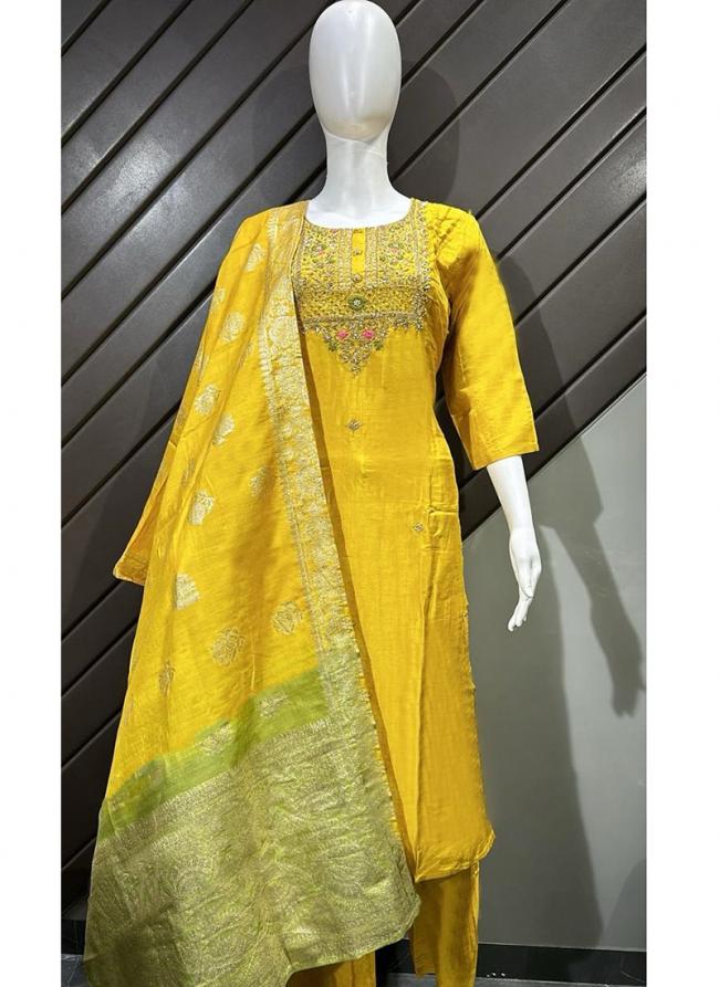 Dola Silk Yellow Wedding Wear Embroidery Work Readymade Salwaar Suit